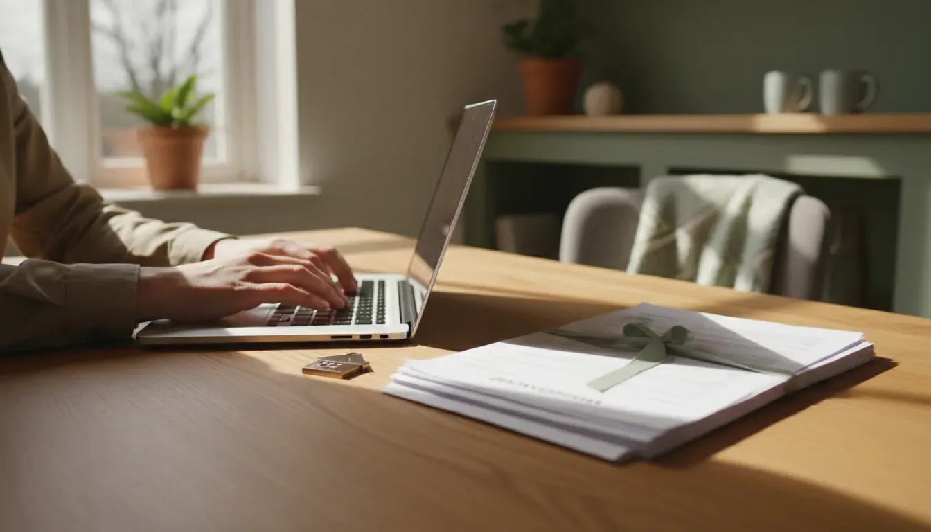 Close-up van iemands handen op een laptoptoetsenbord aan een houten bureau, met een huissleutel en hypotheekpapieren ernaast.