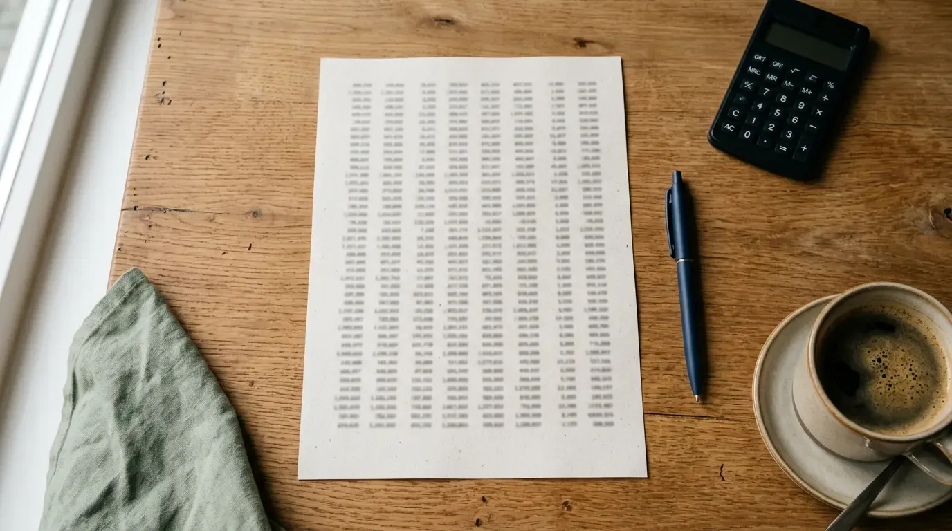 Bovenaanzicht van een loonstrook, pen en rekenmachine op een houten bureau met een kop koffie, warm daglicht