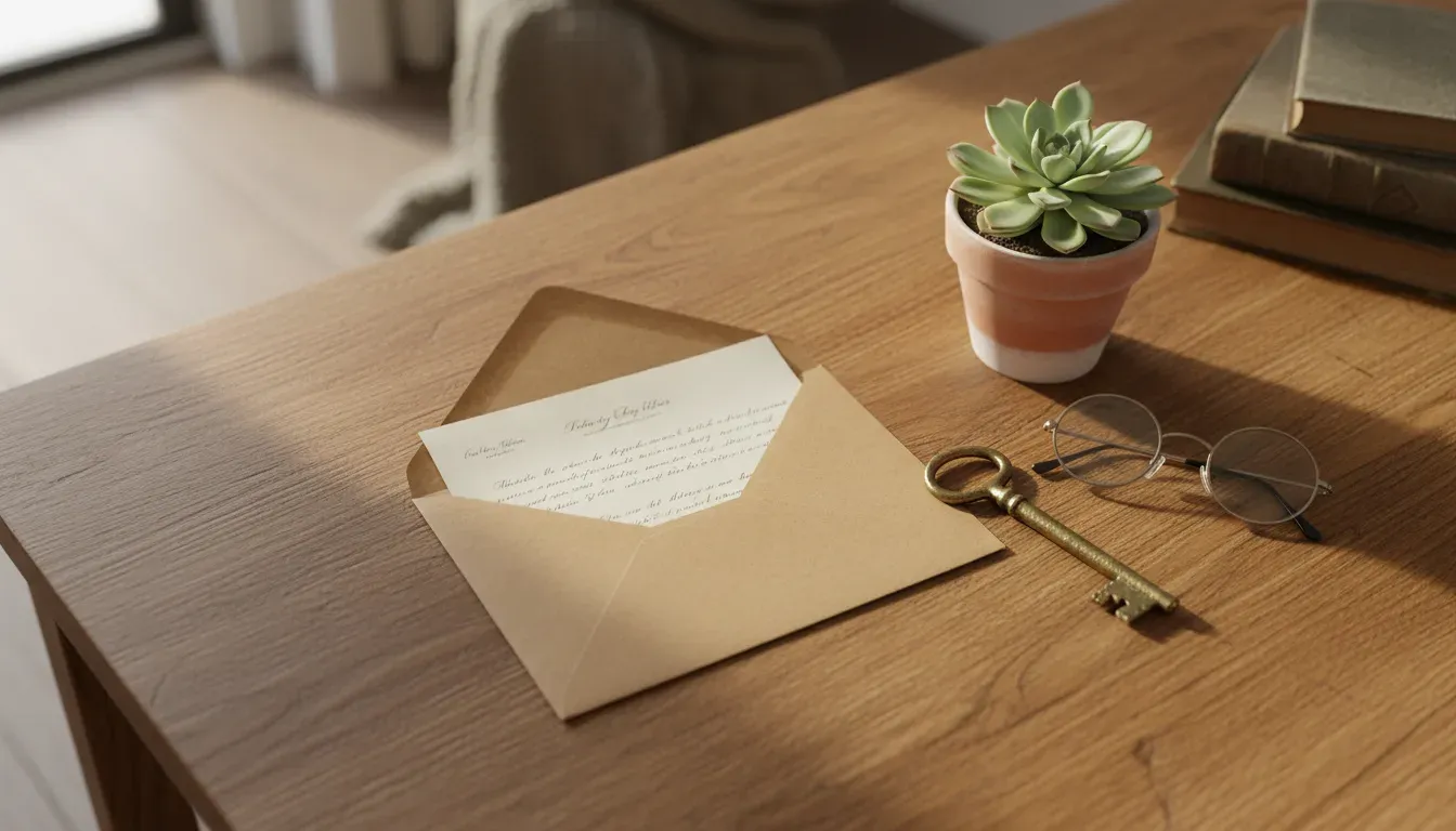 Bovenaanzicht van een eiken bureau met een geopende envelop met officiële brief, een oude sleutel en een leesbril, in zacht daglicht