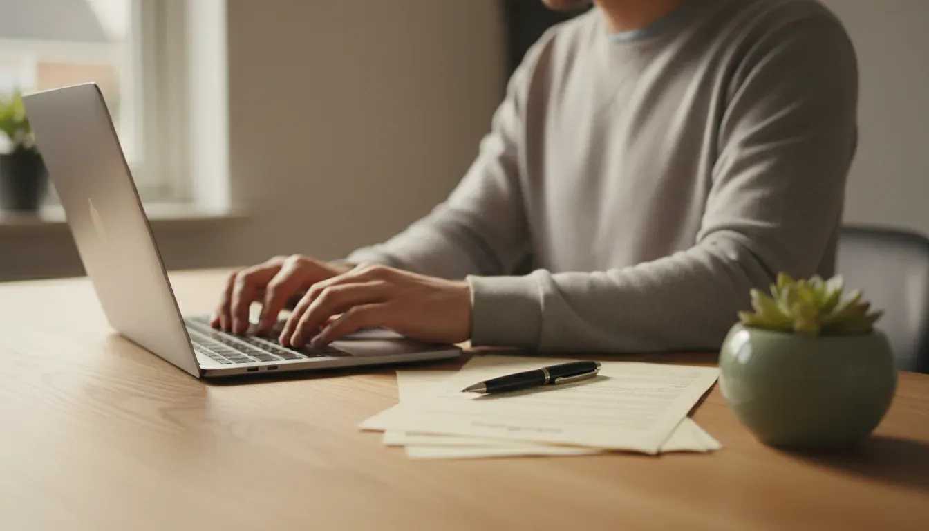 Close-up van iemands handen die typen op een laptop aan een houten bureau, met hypotheekpapieren, een pen en een plantje ernaast.