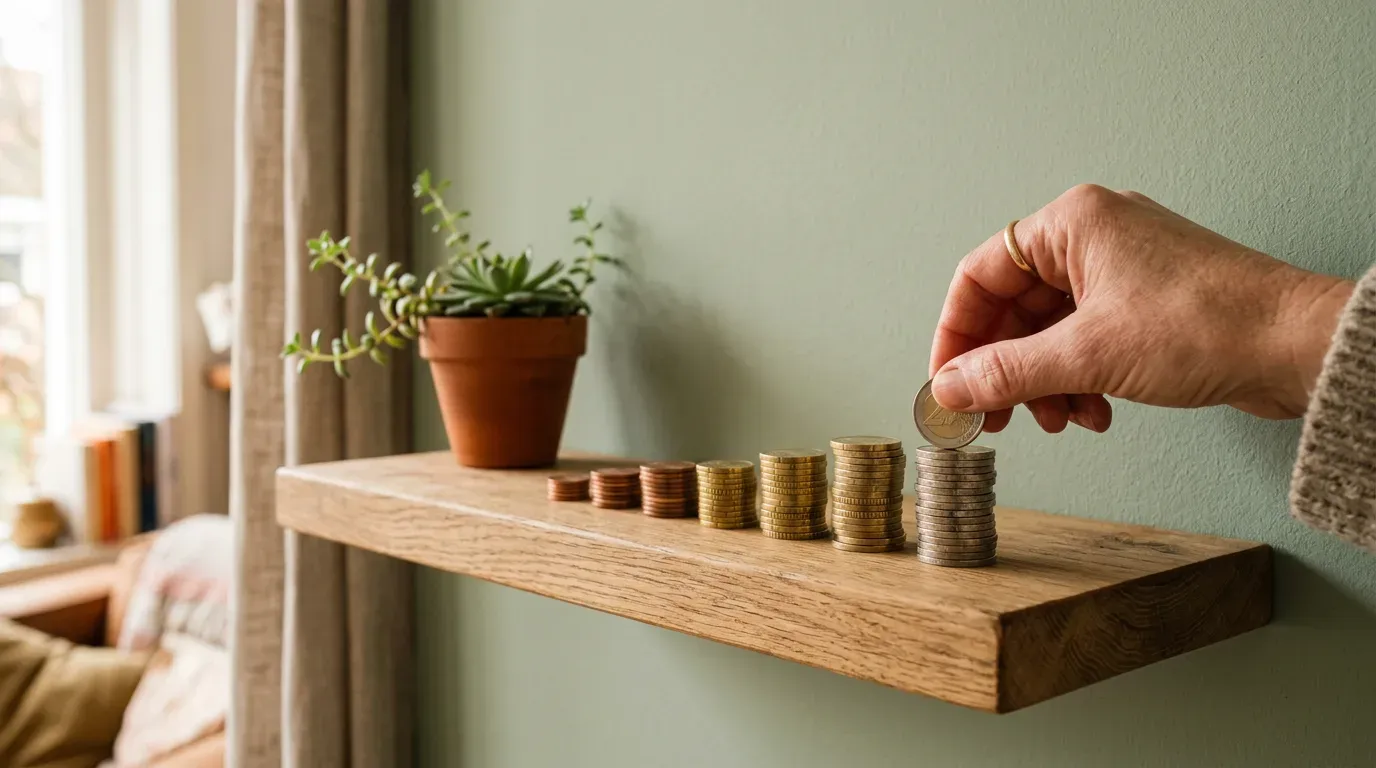 Hand die een pagina omslaat op een wandkalender naast een klein stapeltje euromunten op een zwevende eiken plank, salie-groene muur, warm ochtendlicht