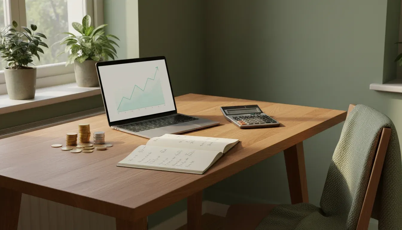 Zijaanzicht van een houten bureau bij een raam met ochtendlicht, een opengeklapte laptop met een abstracte oplopende grafieklijn op het scherm, een notitieblok met handgeschreven berekeningen, een rekenmachine en een klein stapeltje munten, geen personen in beeld