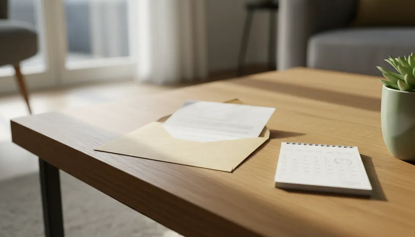 Close-up van een houten salontafel met een geopende envelop, een brief en een kalenderblaadje met een omcirkelde datum, ochtendlicht door een raam, geen personen in beeld