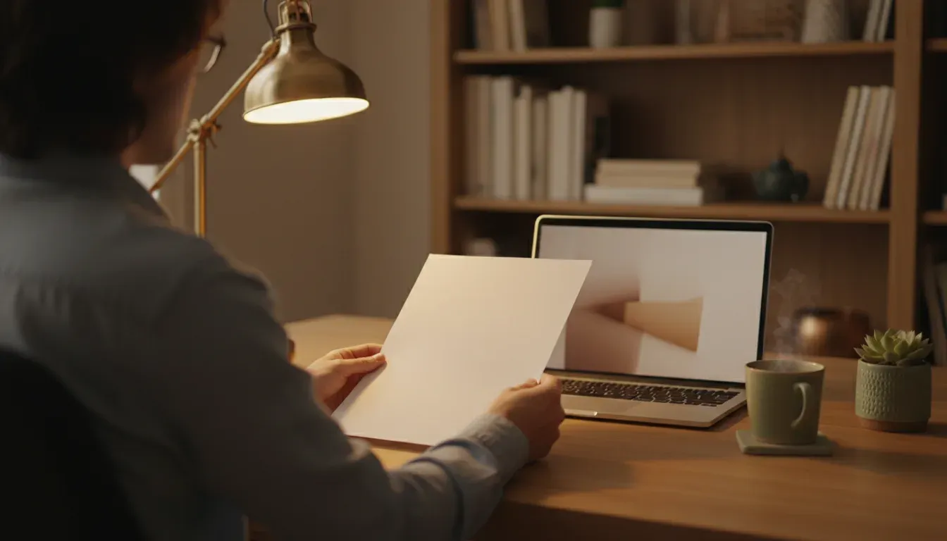 Persoon van opzij aan een houten bureau in de avond, met een pensioenoverzicht en laptop, warm lamplicht en een plant op de achtergrond