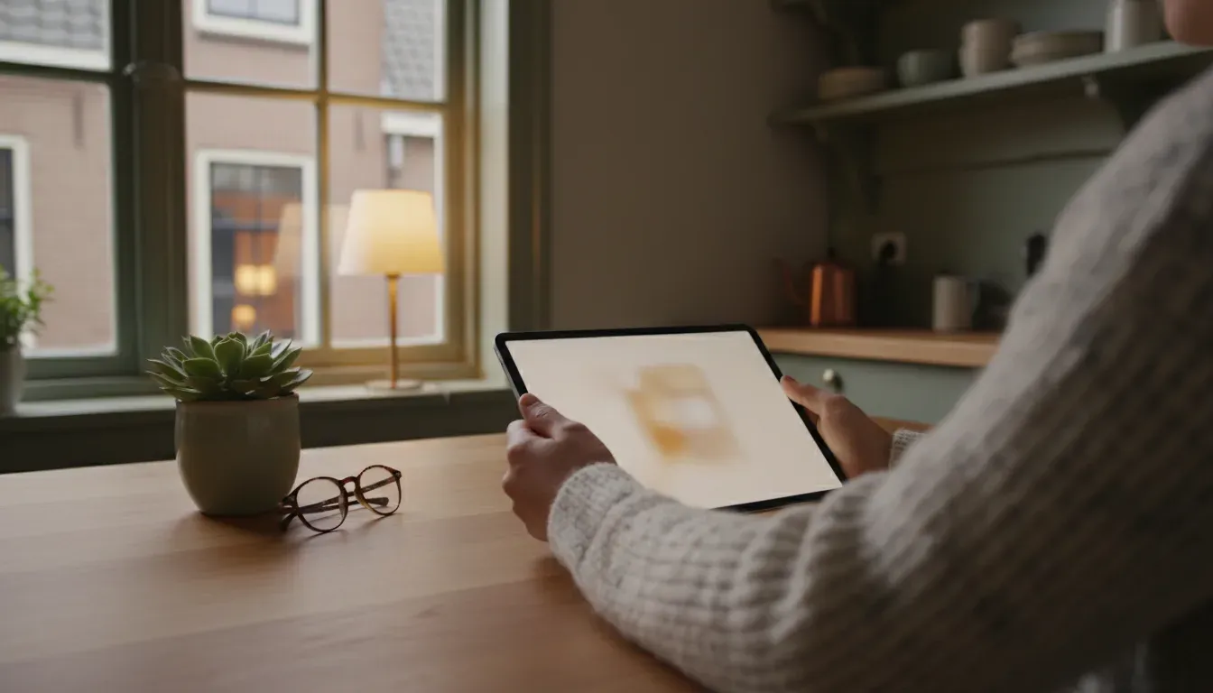 Over de schouder gezien: handen die een tablet vasthouden aan een houten keukentafel, met een leesbril en een klein plantje, warm avondlicht.