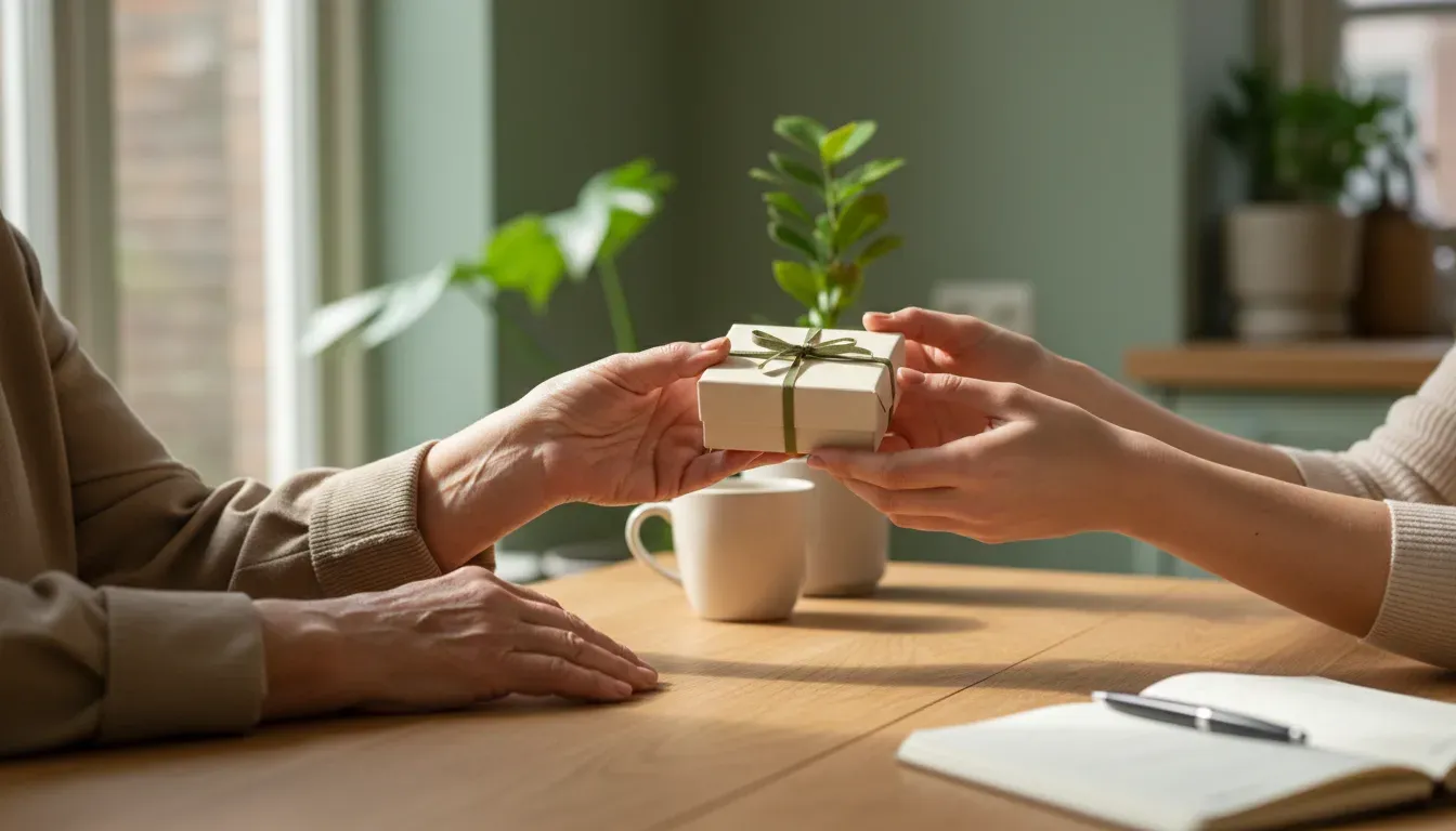 Twee paar handen die aan een houten tafel een klein verpakt cadeau overhandigen, in warm daglicht met een notitieboekje op de achtergrond