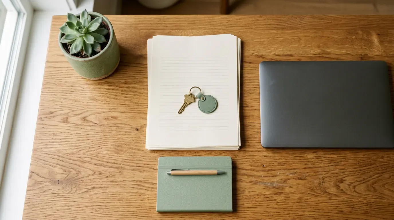 Flatlay op een eiken bureau: een huissleutel op een stapel papieren naast een gesloten laptop, een notitieboekje met pen en een klein succulentplantje, warm daglicht, geen personen in beeld.
