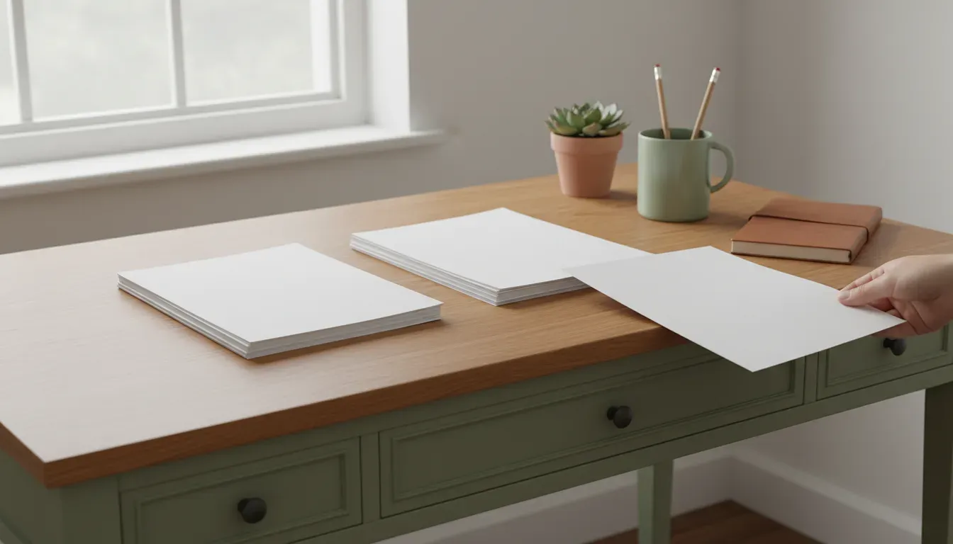 Een houten bureau vanuit een licht verhoogde hoek, drie stapeltjes blanco papier op een rij, een hand die het laatste vel aanreikt, met een plant, een mok met potloden en een notitieboekje op de achtergrond