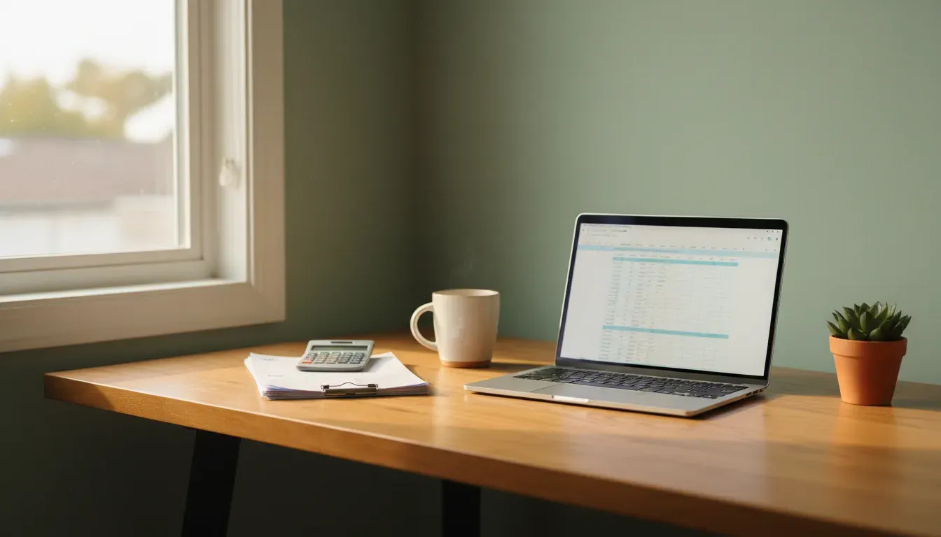Een houten bureau bij een raam met een laptop met een spreadsheet in beeld, een stapel facturen met rekenmachine, een kop koffie en een plantje.